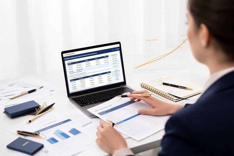 Professionista che analizza un piano finanziario su laptop e grafici