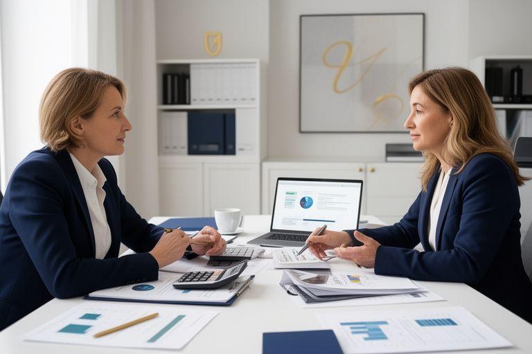 Consulente e cliente che discutono la destinazione del TFR con documenti e calcoli finanziari